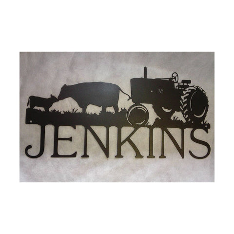 Personalized Sign with Tractor and Cows